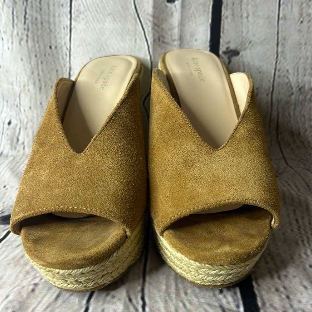 Kate Spade Thea wedge sandals, toast color. Size 8 1/2. Suede. Rope woven heels